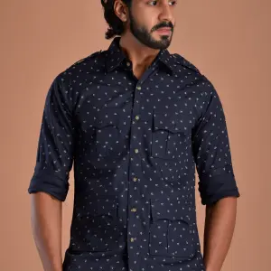 Men's Navy Blue Hunting Style Cotton Printed Shirt | Outdoor Adventure Wear